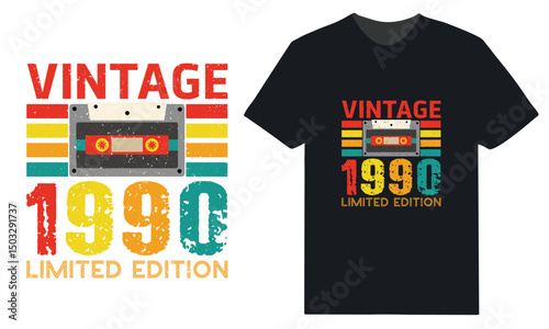 vintage 1990 retro style t-shirt design, colorful stripes, cassette tape icon, limited edition, bold typography, 90s style, digital art
