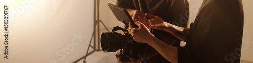 Tableau sur toile Header image of young cinematographer and assistant discussing camera settings w