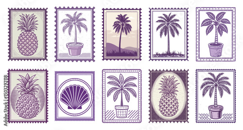 Vintage Tropical Summer Stamps Collection: Beach & Island Icons 