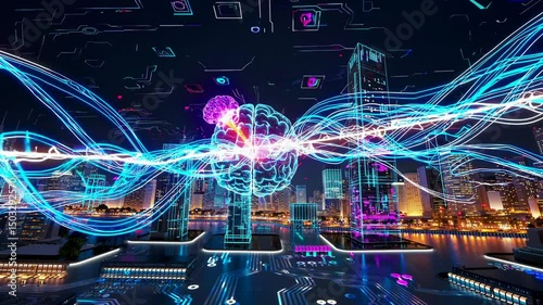 AI Brain with Data Streams Over Futuristic City Skyline - Artificial Intelligence Neural Network Visualization
