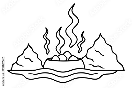 Minimalist Line Art of Steaming Water in Rocks – Hot Spring Nature SVG Illustration

