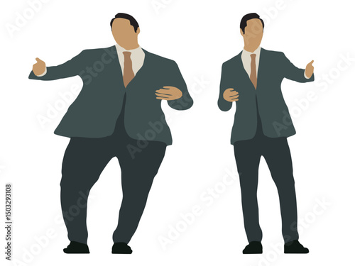 Conceptual fat overweight obese man vs slim fit healthy body after weight loss or diet, white background. A  fitness, nutrition or obesity, health care shape illustration vector as silhouettes