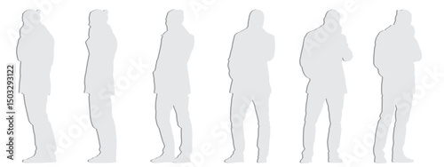 Vector concept conceptual gray paper cut silhouette of man talking on the phone from different perspectives isolated on white background. A metaphor for communication, connection, leisure and lifestyl