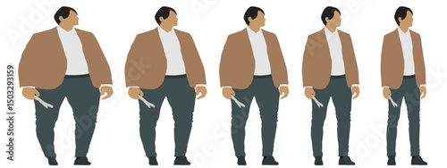Conceptual fat overweight obese man vs slim fit healthy body after weight loss or diet, white background banner. A  fitness, nutrition or obesity, health care shape illustration vector as silhouettes