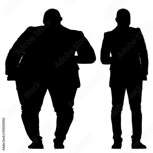 Conceptual fat overweight obese man vs slim fit healthy body after weight loss or diet, white background. A  fitness, nutrition or obesity, health care shape illustration vector as silhouettes
