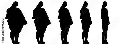 Conceptual fat overweight obese female vs slim fit healthy body after weight loss or diet on white background banner. A  fitness, nutrition or obesity, health shape illustration vector as silhouettes