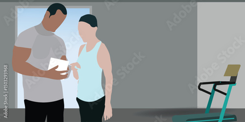 Hiring a Personal Fitness Trainer for a home fitness gym training concept, vector illustration design background