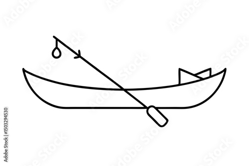 Simple Black Line Drawing of a Canoe with Fishing Gear – Vector SVG

