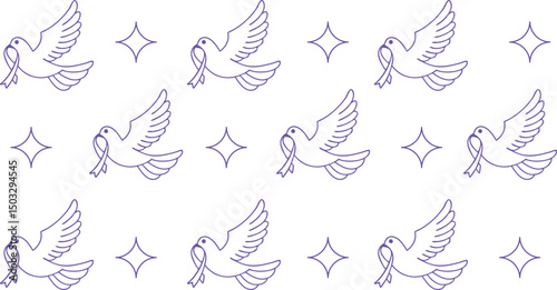 Seamless pattern with line art doves holding ribbons surrounded by stars on a white background. Symbol of peace, purity, and hope in minimalist purple outline. Ideal for prints, and stationery.