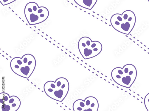 Cute seamless pattern of purple hearts with animal paw prints on dashed lines. Ideal for pet-themed designs, fabric, stationery, and animal lover projects. Perfect for playful and loving aesthetics.