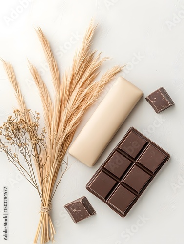 Premium Chocolate Bars and Wheat on Beige Background
