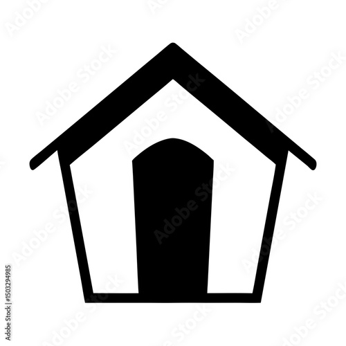 Simple black and white dog house illustration, cartoon shelter for pets