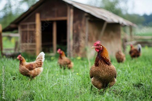 Chickens roaming freely near a rustic barn