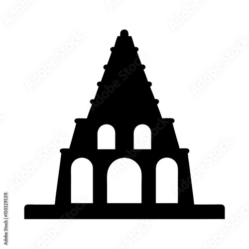 Silhouette of Historic Temple or Monument Structure, Black silhouette of a tiered temple or monument with arched windows and a pointed top, isolated on a white background.
