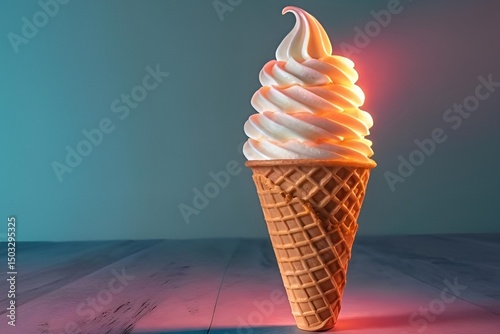 Glowing Soft-Serve Ice Cream Cone in Minimalist Modern Setting