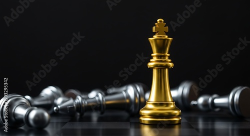 Golden king stands tall among fallen silver chess pieces on chessboard photo