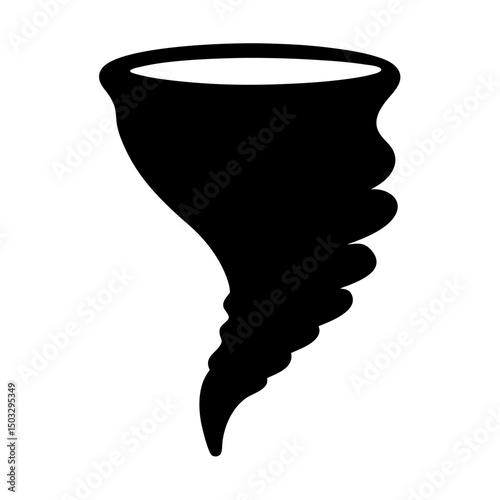 Silhouette of a Twisting Tornado Funnel, Black silhouette of a twisting tornado funnel shape, isolated on a white background representing a natural weather phenomenon.
