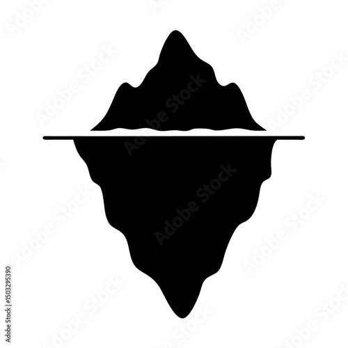 Silhouette of Iceberg with Visible Underwater Portion, Black silhouette of an iceberg showing both above and below water parts, isolated on a white background representing hidden depth.
