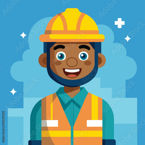 Cheerful cartoon construction worker wearing a yellow hardhat and orange safety vest smiling