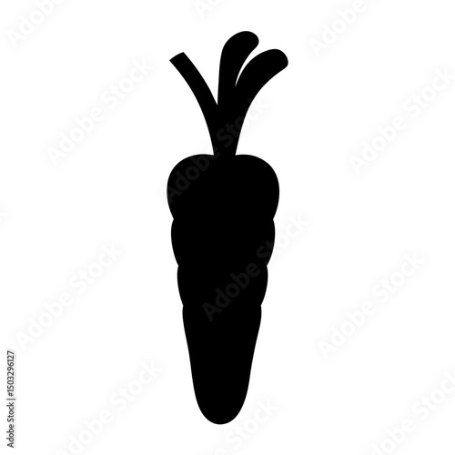 Silhouette of a Carrot with Leaves, Black silhouette of a whole carrot with leafy top, isolated on a white background symbolizing fresh vegetable and healthy food.
