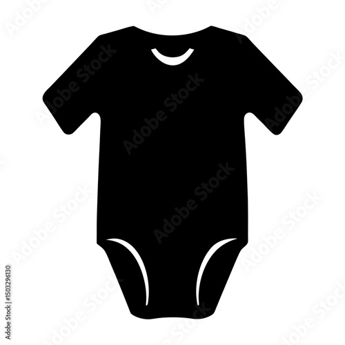 Simple black and white silhouette of a baby onesie or bodysuit apparel