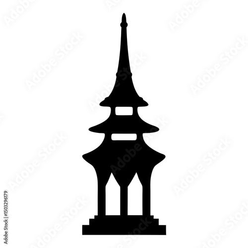 Silhouette of a multi tiered pagoda structure against a white background