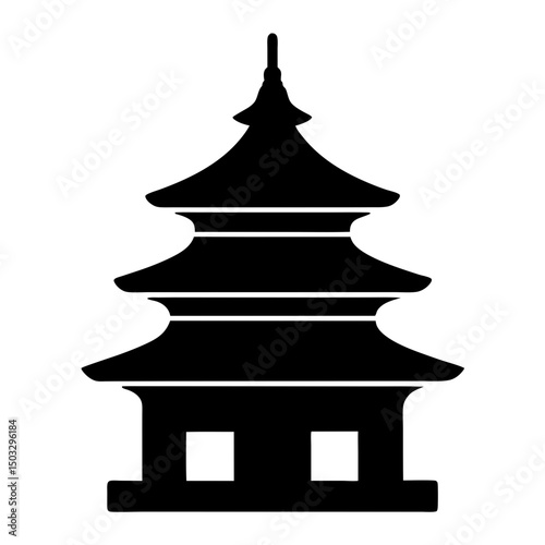 A stylized silhouette of a traditional Japanese pagoda with multiple tiers