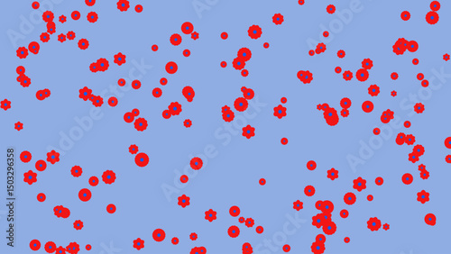 An abstract digital artwork featuring a scattered arrangement of red circles and star shapes on a light blue background, creating a visually engaging and intriguing pattern.