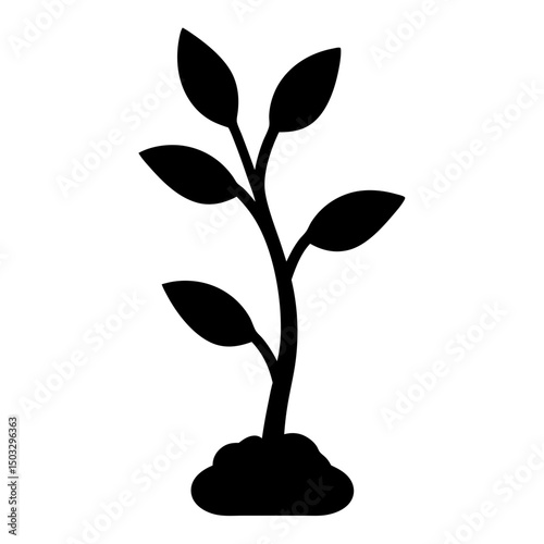 Silhouette of Young Plant with Six Leaves Growing, Black silhouette of a young plant with six leaves sprouting from the stem, rooted in soil, isolated on white background.
