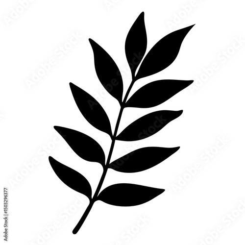 Silhouette of a botanical branch with symmetrically placed leaves on white background