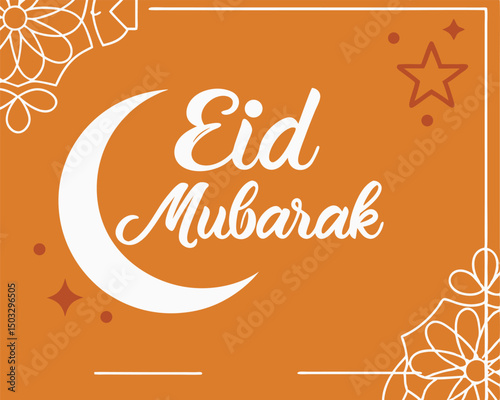 Eid Mubarak festive greeting card with crescent moon and stars on orange background