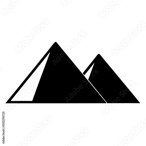 Silhouette of Two Egyptian Pyramids, Black silhouette of two large Egyptian pyramids with shaded sides, isolated on a white background representing ancient architecture.
