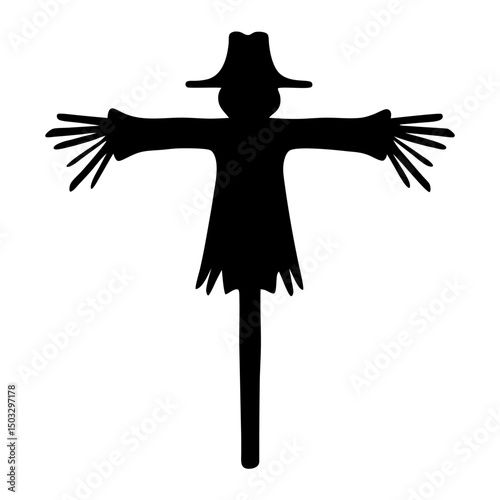 Black silhouette of a classic scarecrow with a hat on white background