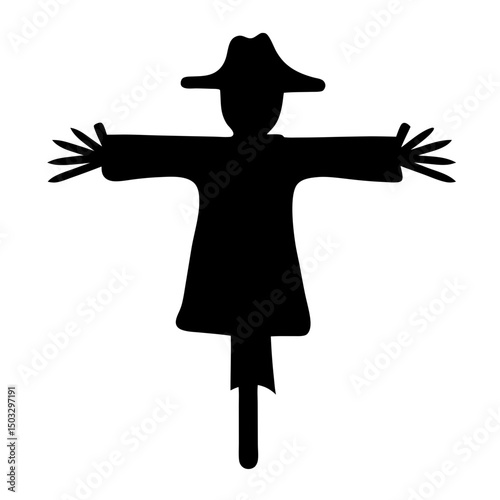 Black silhouette of a scarecrow wearing a hat, arms extended, isolated on white