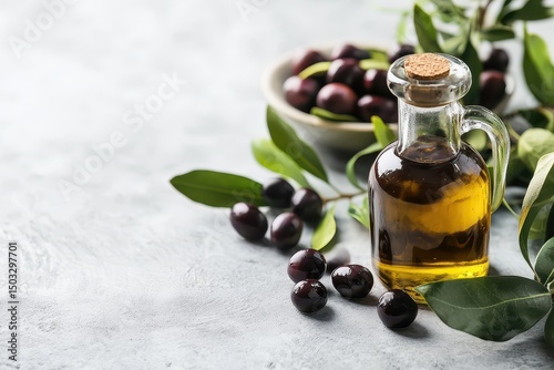 Olive oil and olives on a rustic table setting