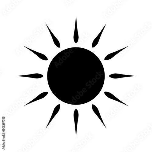 Simple black and white sun illustration shining brightly on a white background