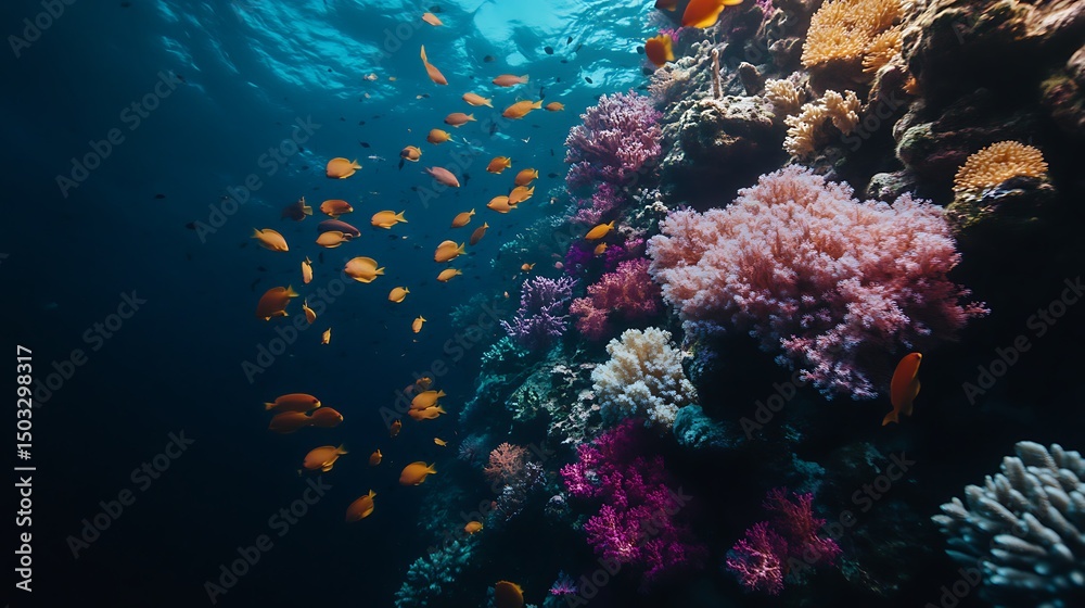 A vibrant coral reef viewed from above, teeming with life A vibrant coral reef viewed from above, teeming with life