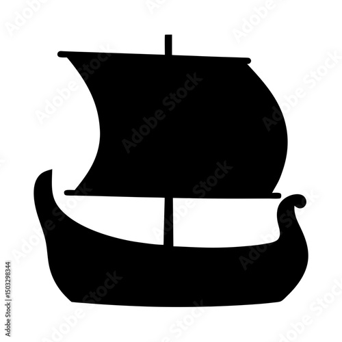 Simple Black Silhouette of a Viking Ship with a Sail, Detailed Bow