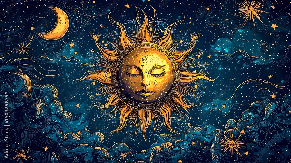 Fototapeta premium Mandala style celestial sun moon illustration high resolution picture