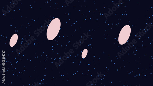 Abstract cosmic illustration featuring several pastel pink ellipses scattered across a dark blue, star-speckled background.  A minimalist representation of celestial bodies or abstract shapes.