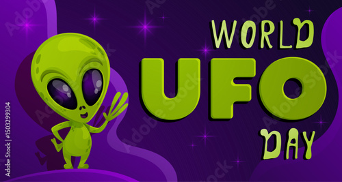 World UFO Day. Green alien waving. Purple background.Vector