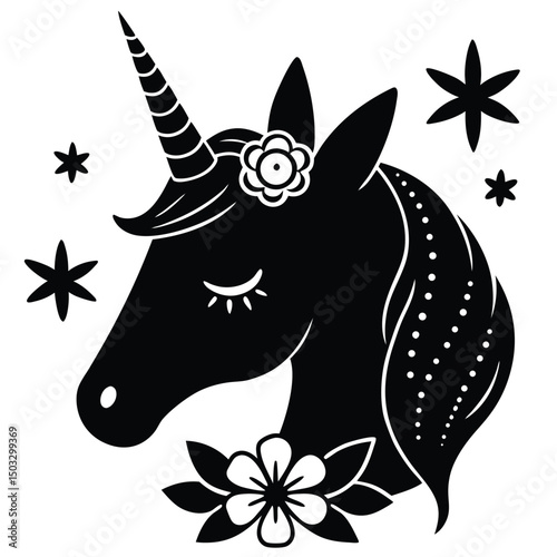 Black and white unicorn head with floral accents and decorative star elements