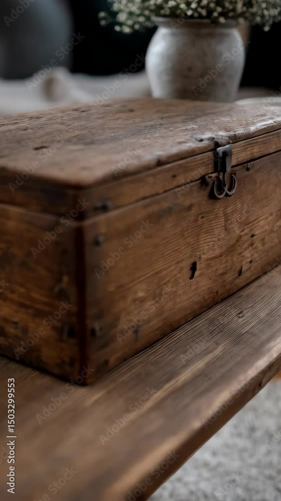 Rustic wooden box on a wooden table near a sofa and flowers in a vase, capturing cozy interior ambiance. Rustic wooden box on a wooden table near a sofa and flowers in a vase, capturing cozy interior ambiance.
