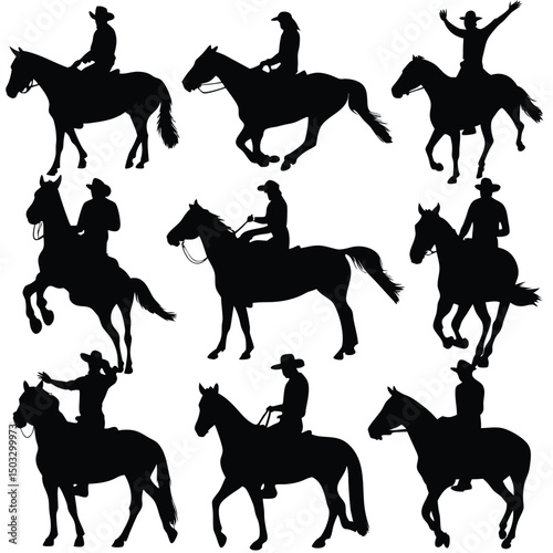 Collection of black silhouette illustrations depicting cowboys and cowgirls riding horses in various poses