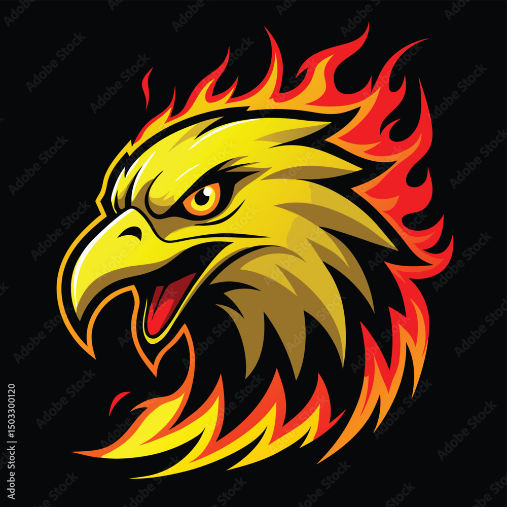 Obraz premium Fierce golden eagle head mascot with flaming feathers and intimidating expression on black background