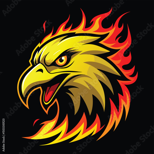 Fierce golden eagle head mascot with flaming feathers and intimidating expression on black background