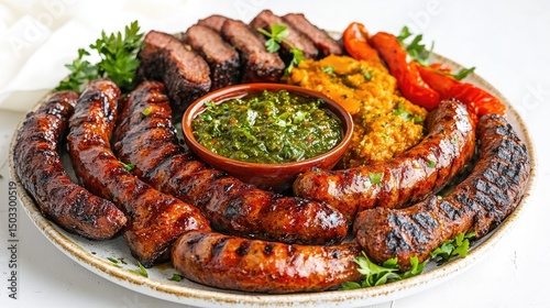Colorful platter of grilled boerewors, chakalaka, and phuthu pap, styled with herbs on a white background for visual clarity.
