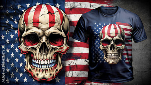t-shirt illustration of a skull with the colors of the US flag painted on the face.