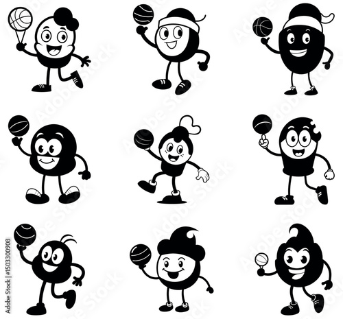 Black and White Cartoon Ice Cream Characters Playing Basketball – Fun Dessert Mascots Set