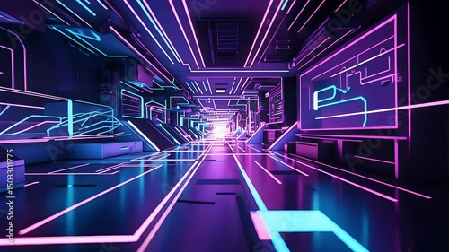 Glowing neon corridor with futuristic digital lines and purple lighting effects in a high-tech abstract tunnel with vanishing point perspective

